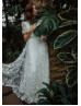 Short Sleeves Ivory 3D Lace Tulle Wedding Dress With Beaded Sash
